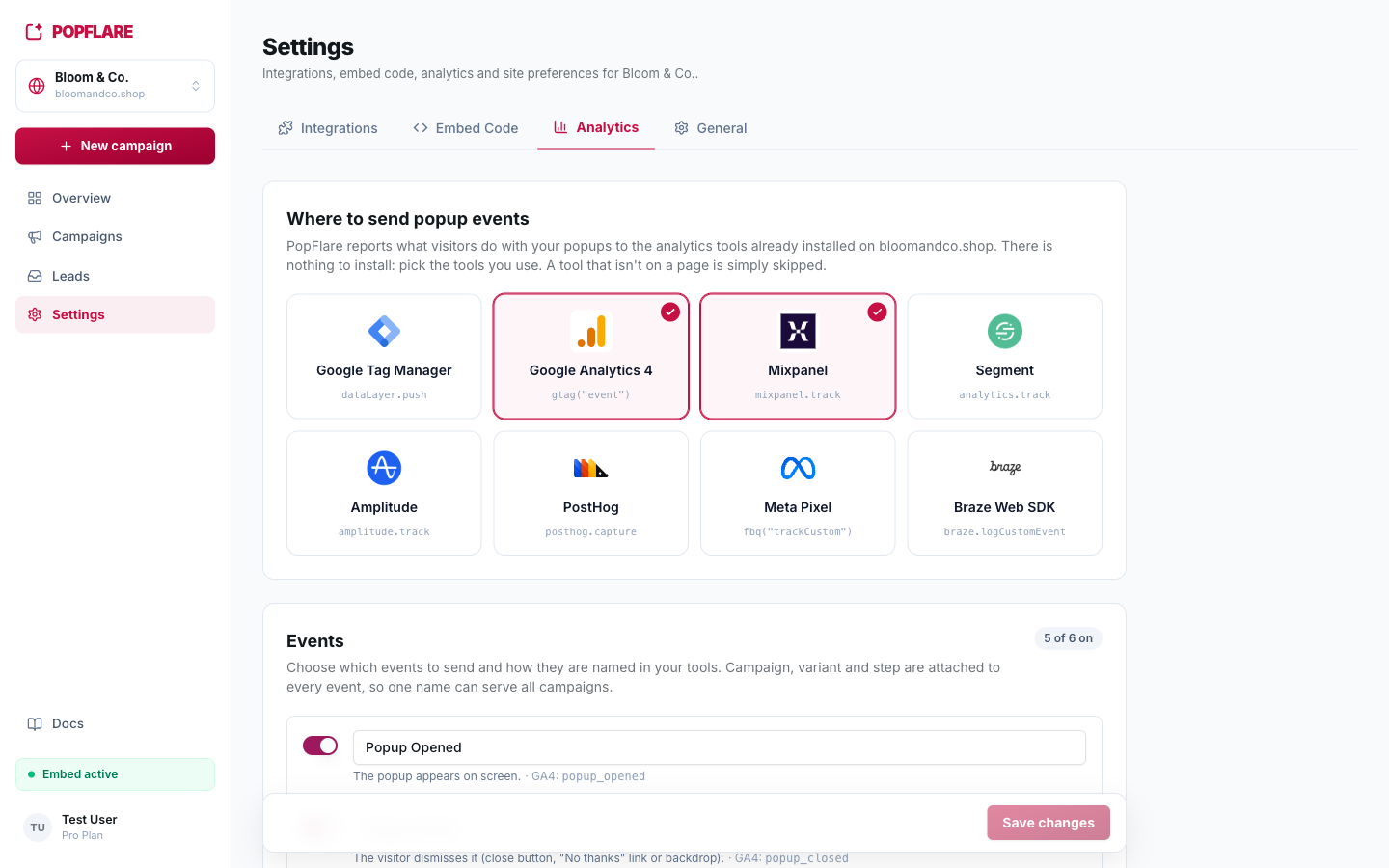 Settings → Analytics: pick your tools, then choose which events to send and how to name them.