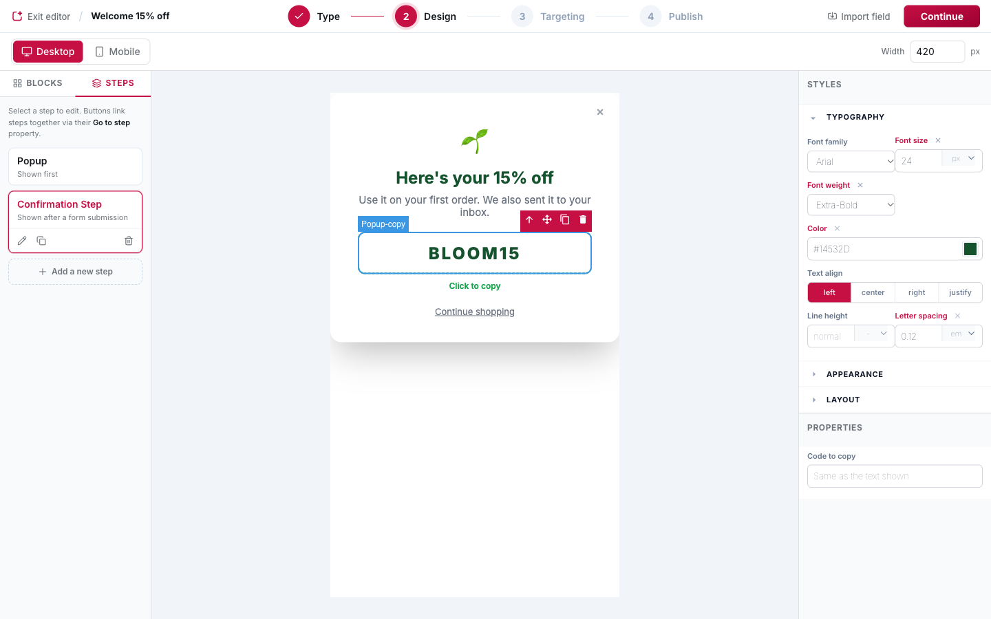 A Copy Code element selected: the code is edited inline, Code to copy is optional.
