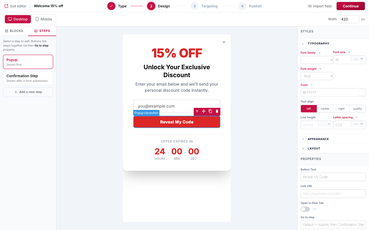 CTA button properties, including Go to step.
