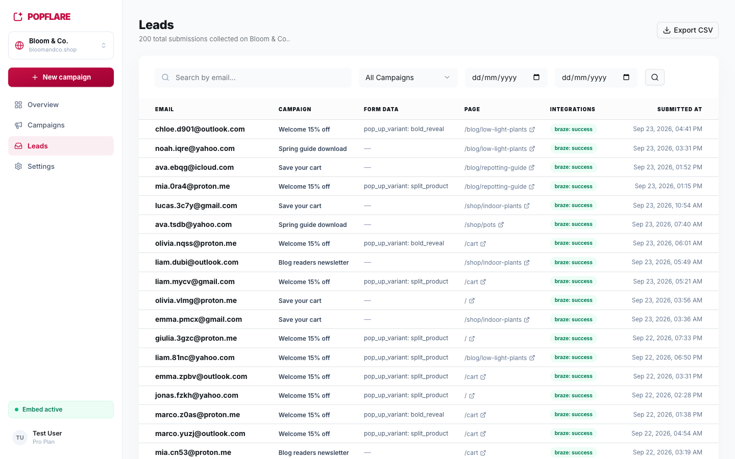 Leads: search, filter by campaign and date, check what reached your tools.
